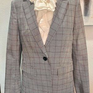 Chic Plaid Blazer with Ruffle Blouse